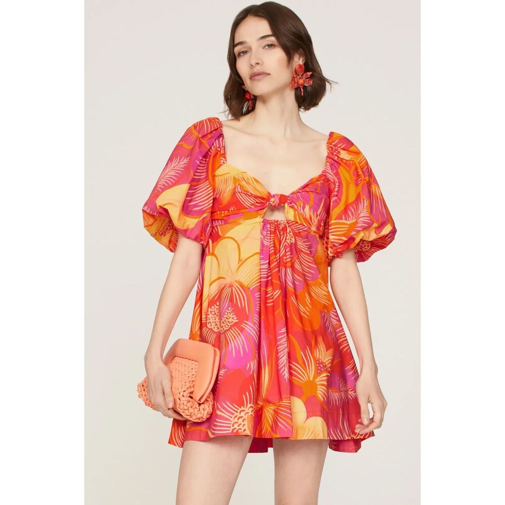 FARM Rio Mini Dress L Puff Sleeve Cutout Tropical Resort Orange Summer Garden